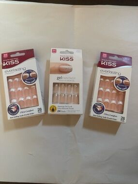 NIB Set of 3 Packs of Kiss False Nails 2 French & 1 Gel Fantasy, Medium Length